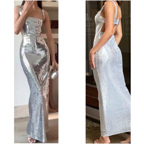 Luxe Silver Sequin Fitted Backless Party Evening Wedding Dress - Picture 2 of 3